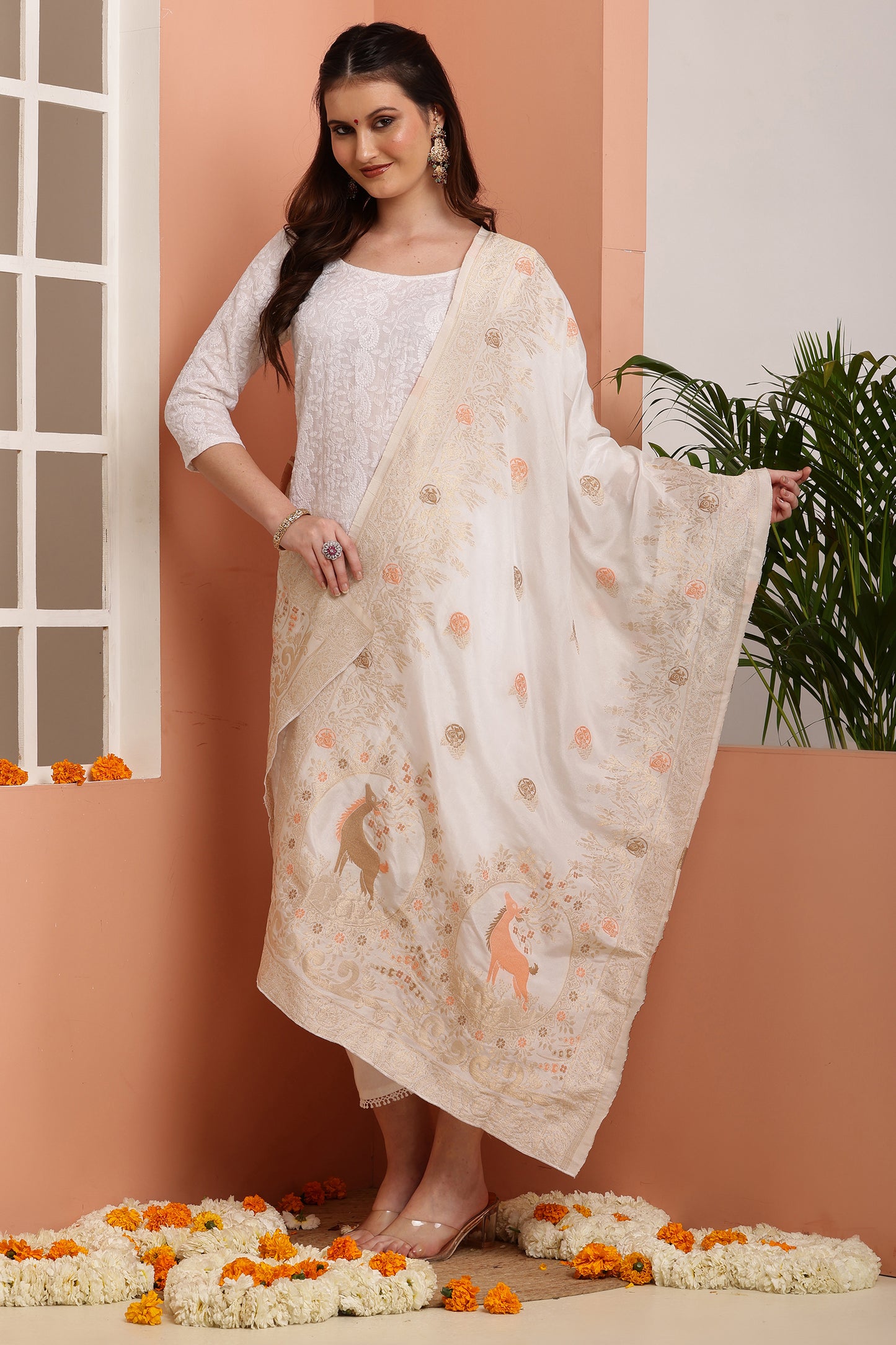 Dupatta-Dyeable Mina Work Pure Viscose- Mina Deer