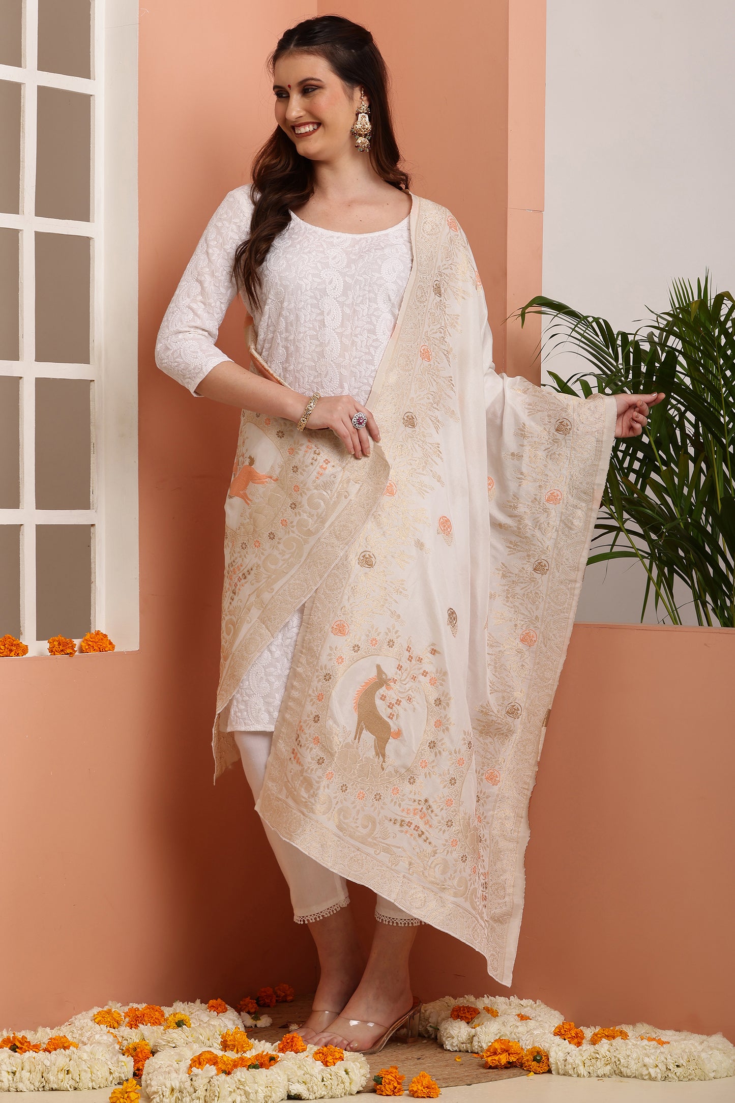 Dupatta-Dyeable Mina Work Pure Viscose- Mina Deer