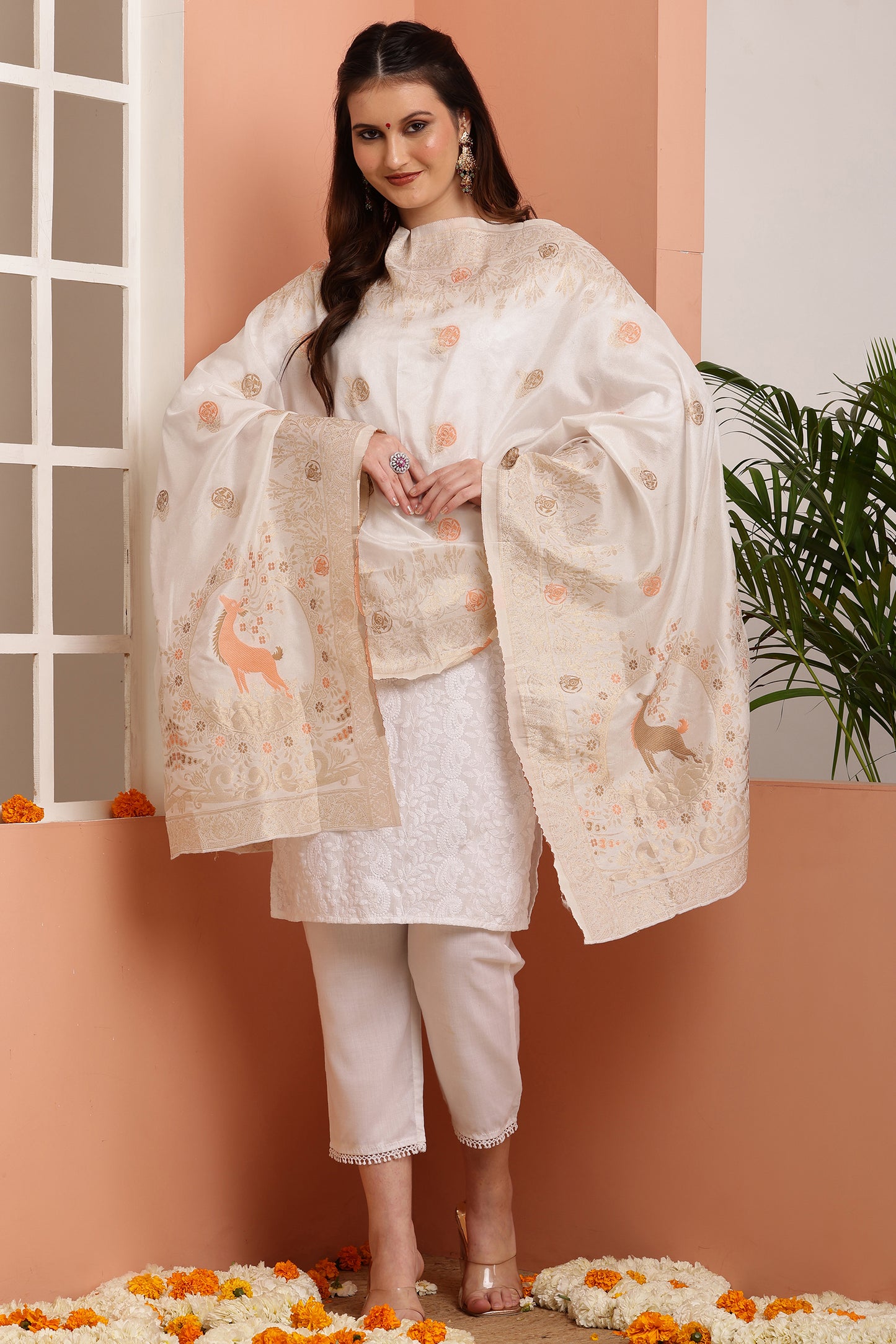 Dupatta-Dyeable Mina Work Pure Viscose- Mina Deer
