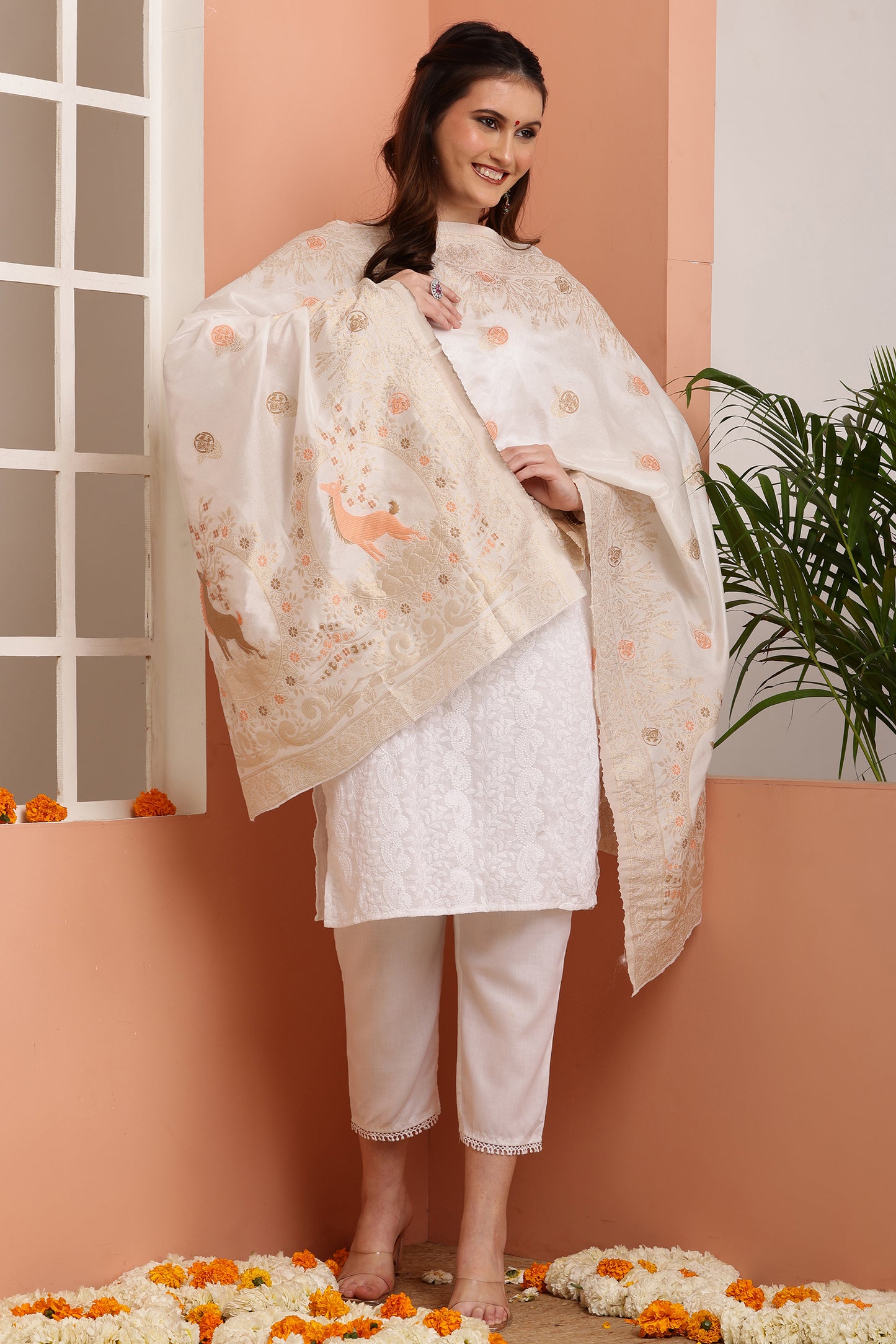 Dupatta-Dyeable Mina Work Pure Viscose- Mina Deer