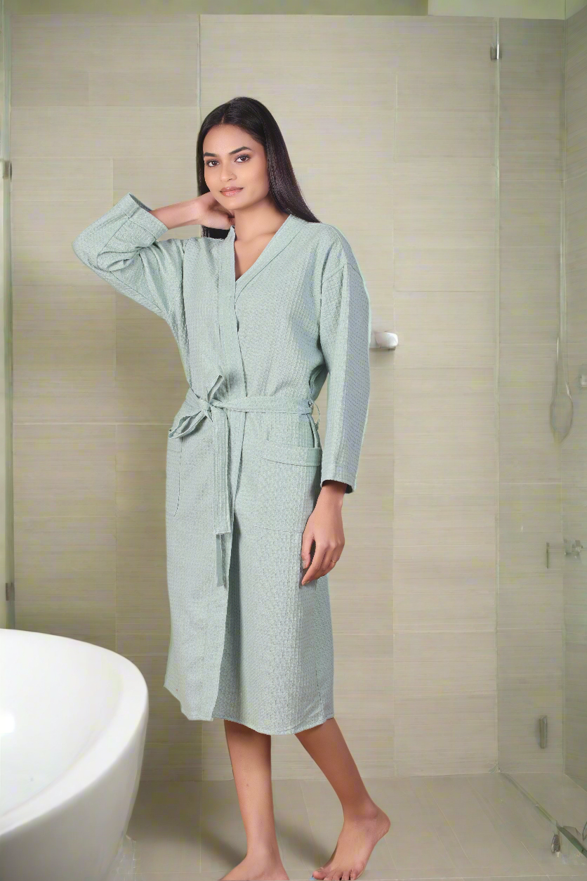 Waffle Cotton Bathrobe-Pistachio Cloud