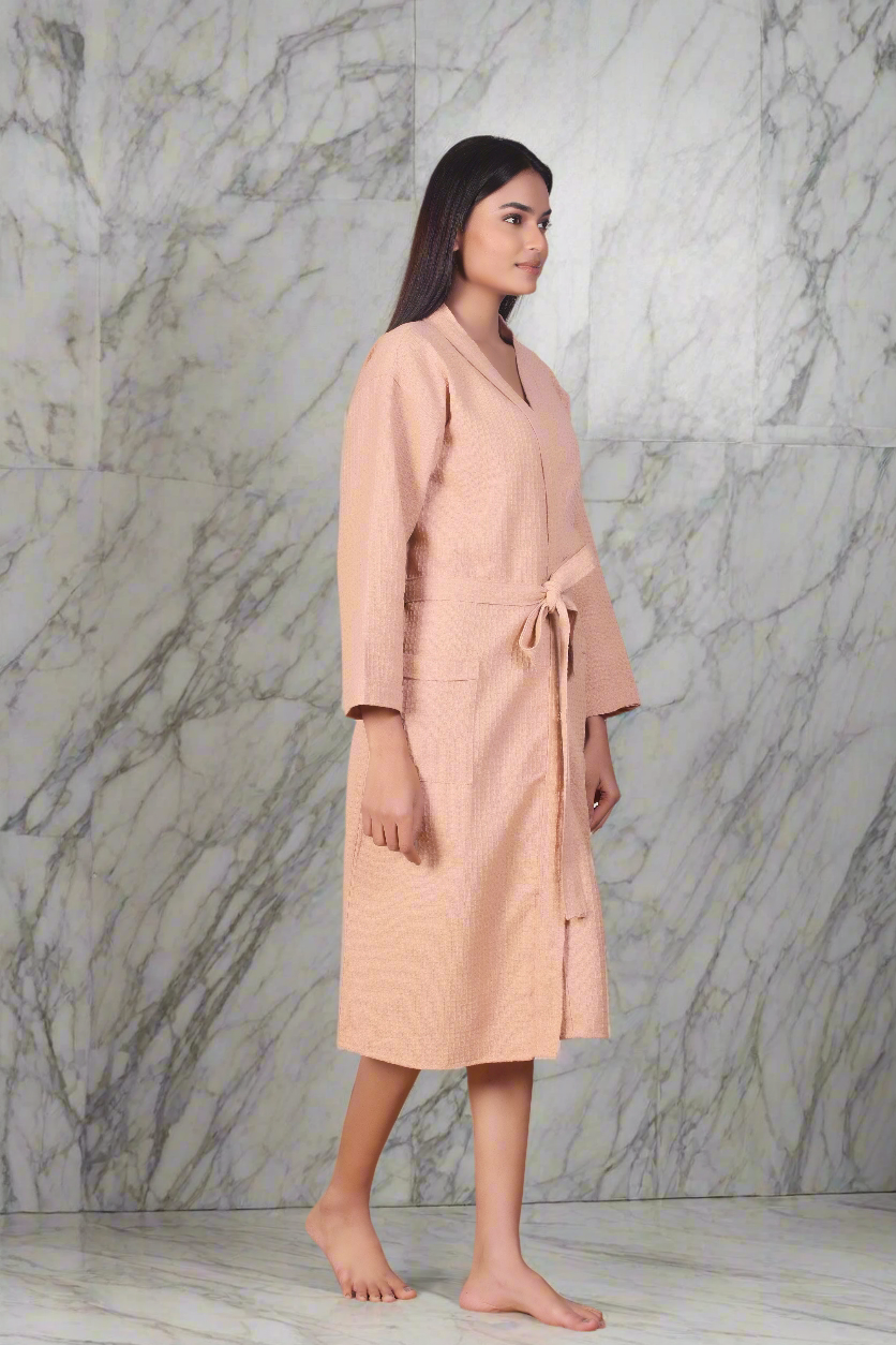 Waffle Cotton Bathrobe-Desert Peach