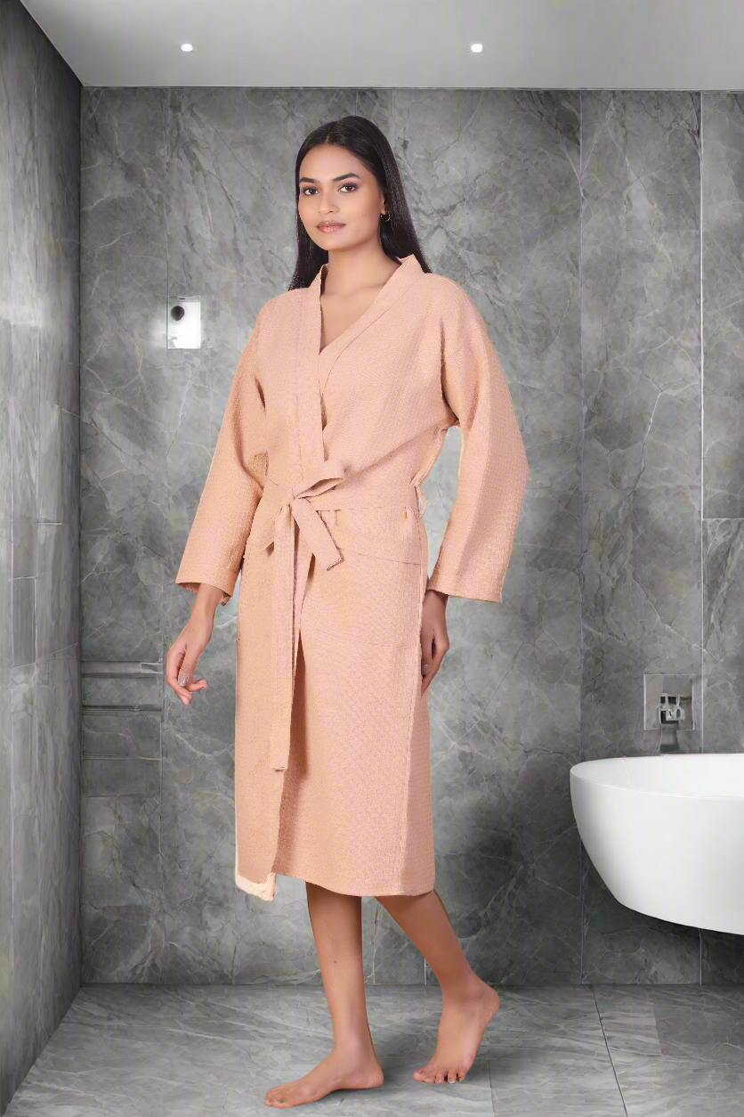 Waffle Cotton Bathrobe-Desert Peach