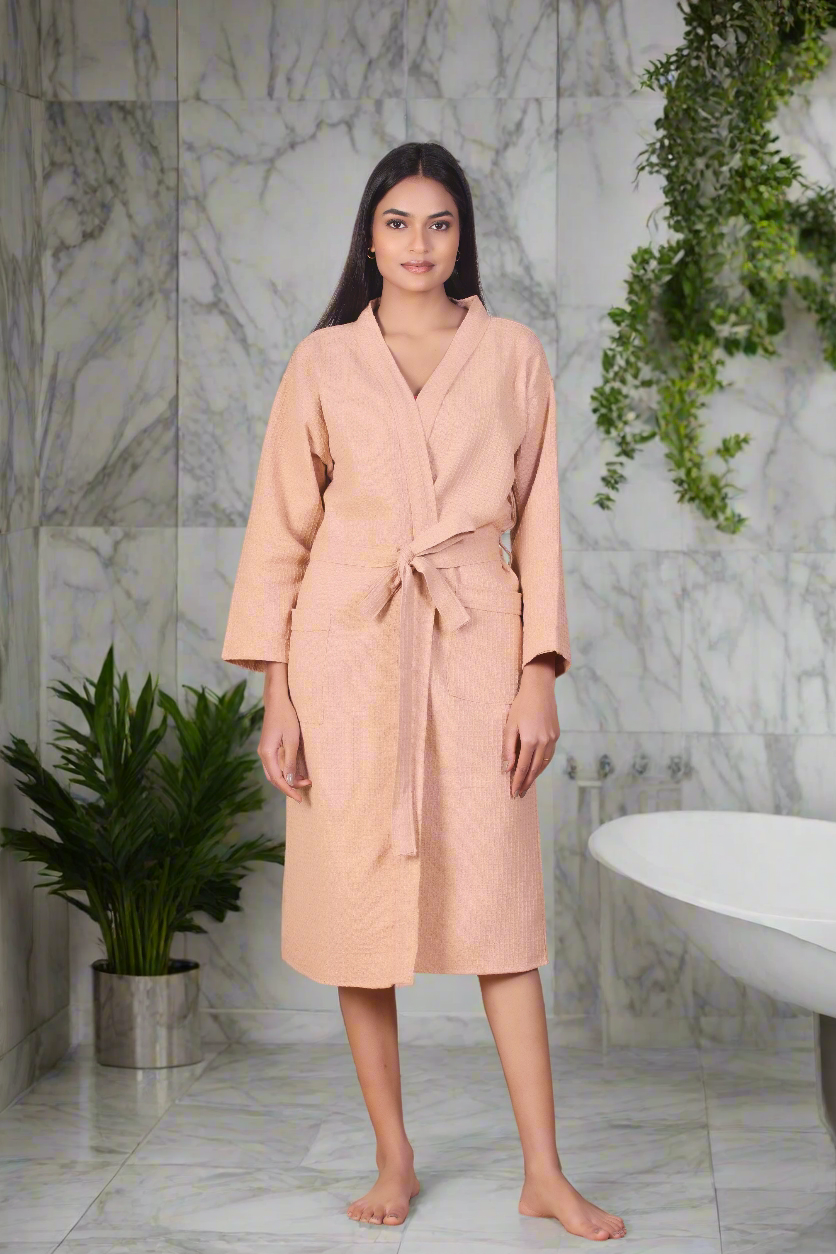 Waffle Cotton Bathrobe-Desert Peach