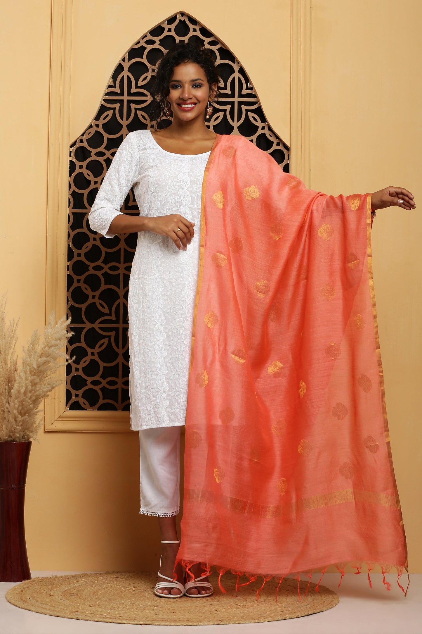 Dupatta-Banarasi Muga - Peachish Pink