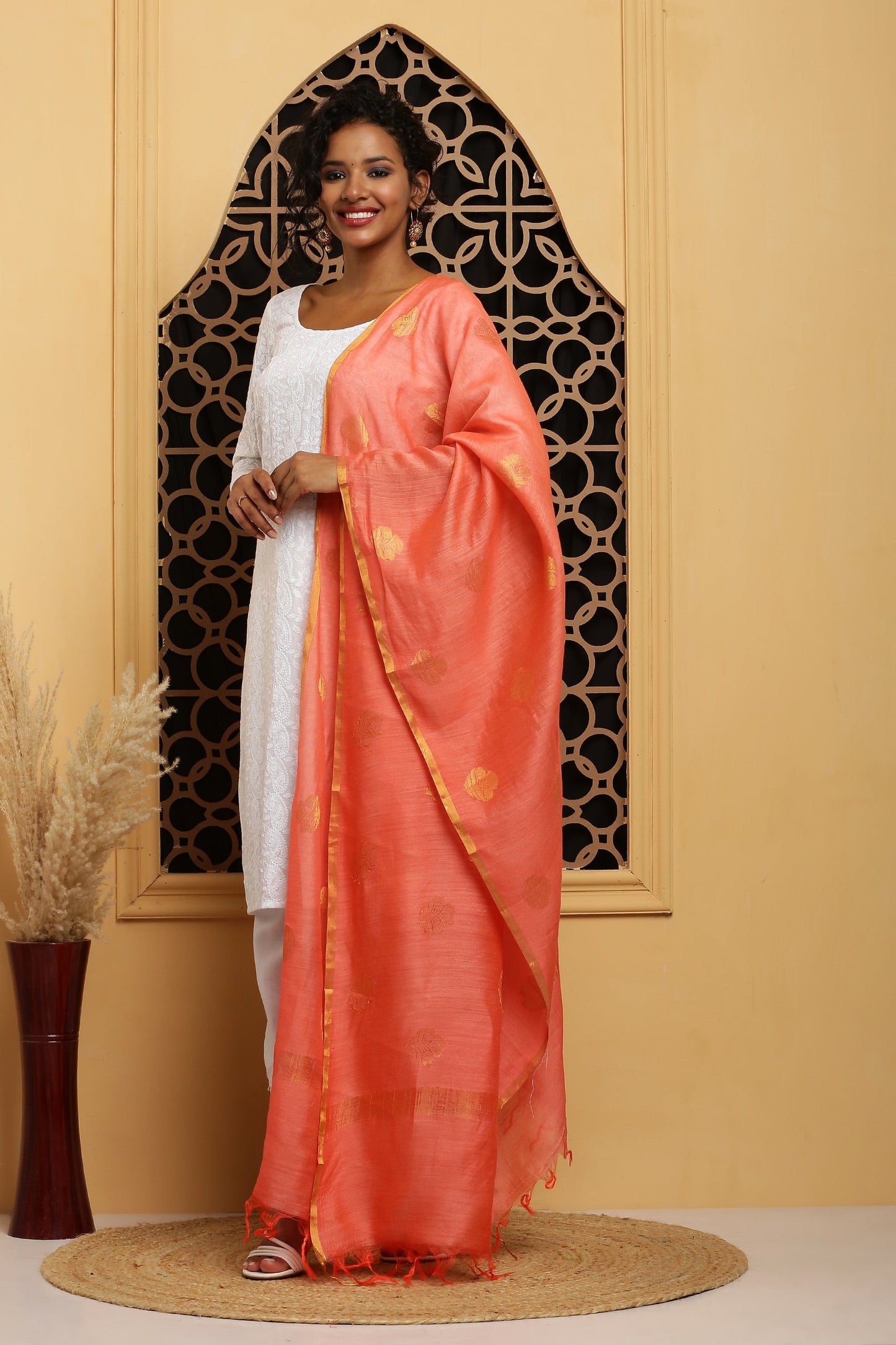 Dupatta-Banarasi Muga - Peachish Pink