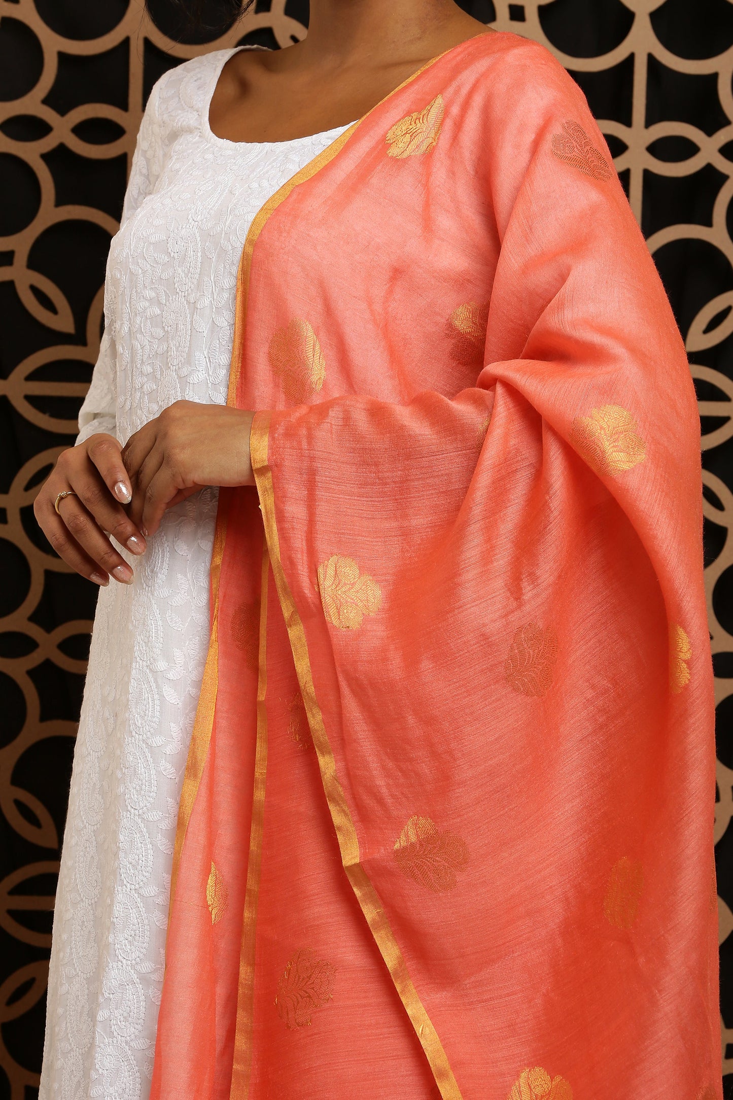 Dupatta-Banarasi Muga - Peachish Pink