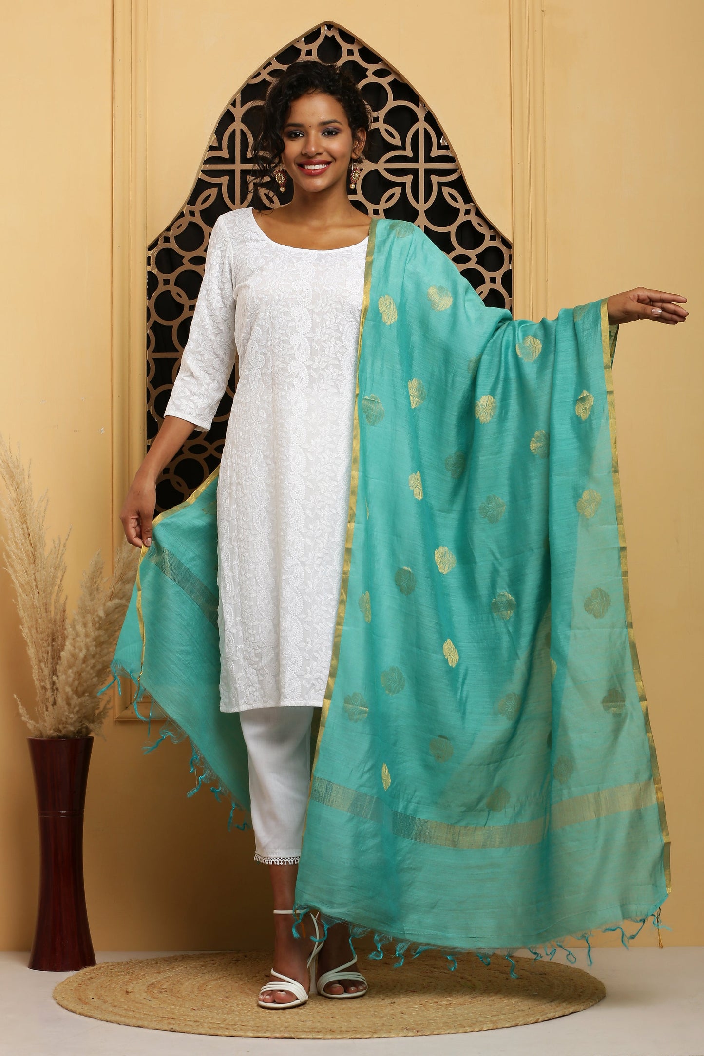 Dupatta-Banarasi Muga- Aqua Blue