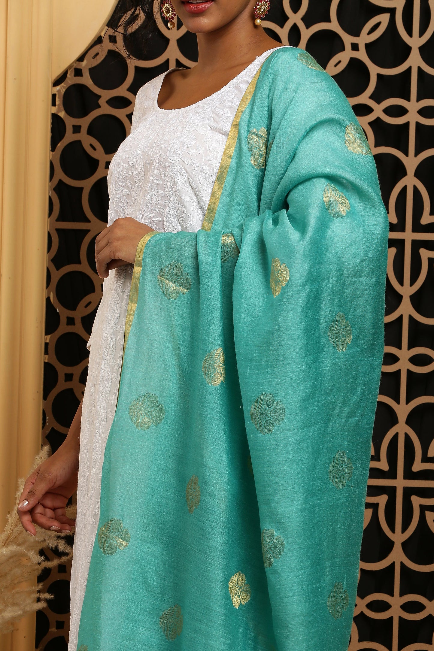 Dupatta-Banarasi Muga- Aqua Blue