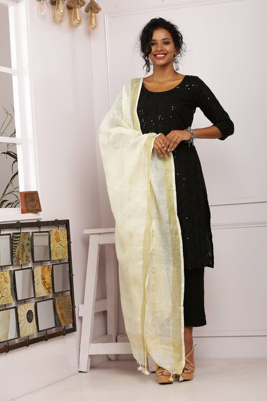 Dupatta - Cotton Gold Linen - Cream