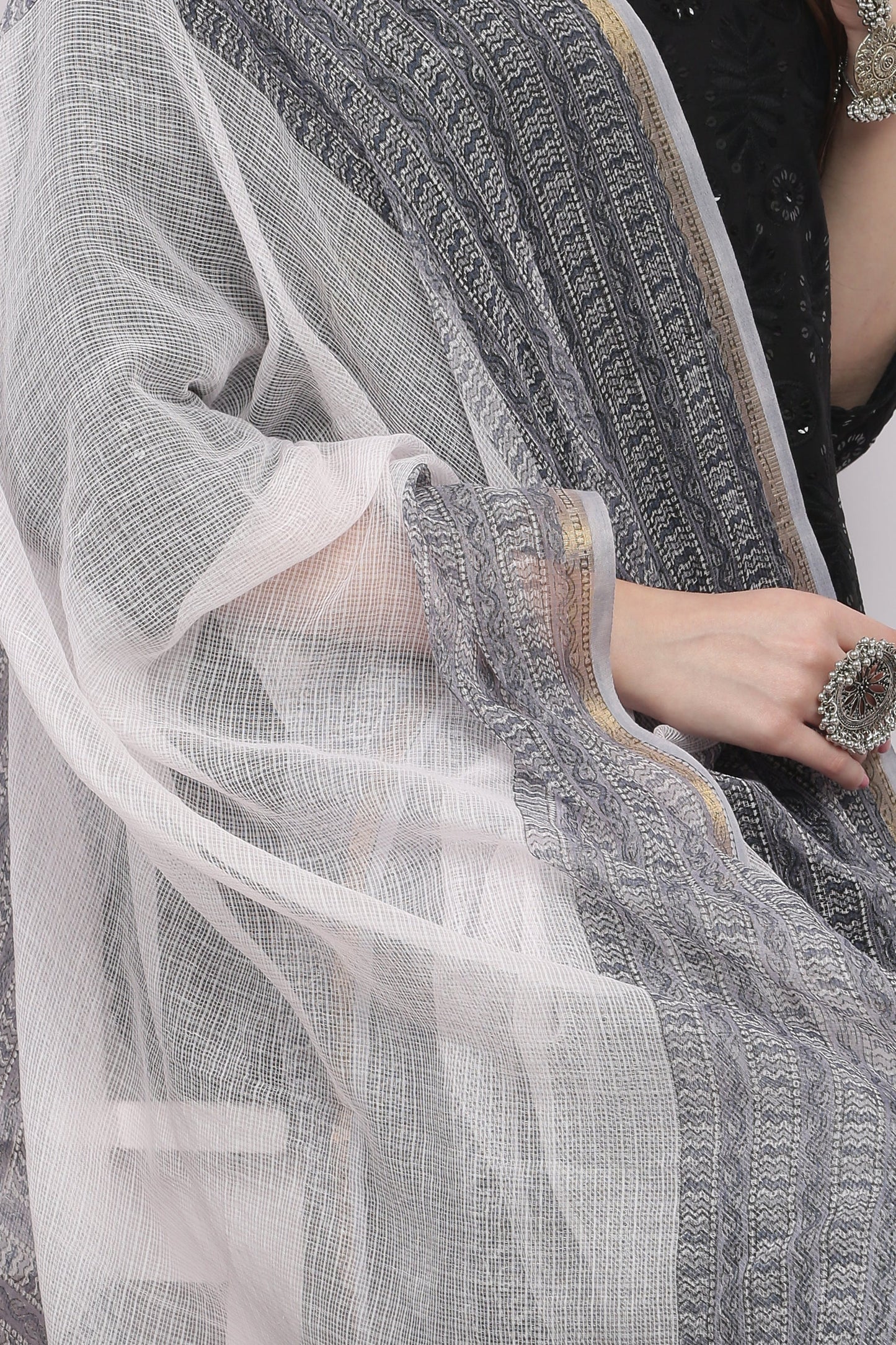 अks-Handblock Print Kota Doria Dupatta - Gold Gray Border