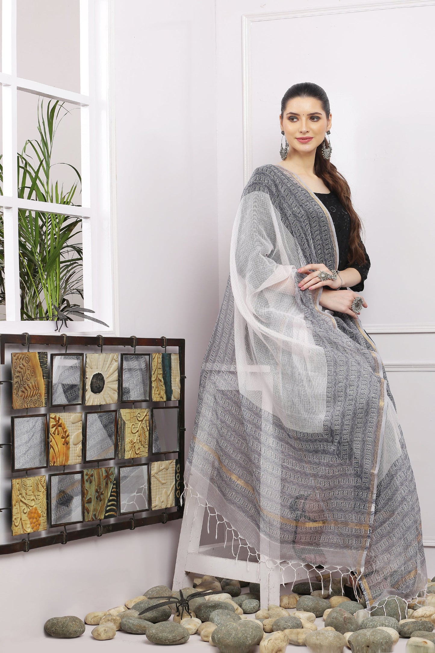 अks-Handblock Print Kota Doria Dupatta - Gold Gray Border