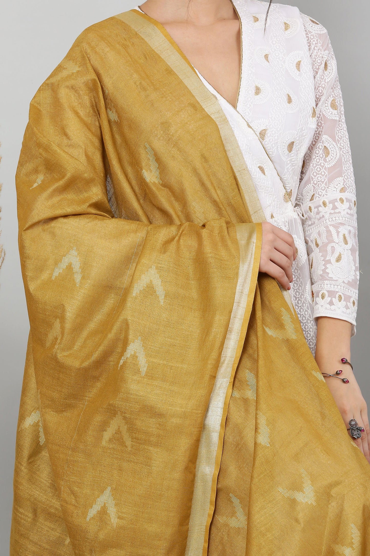 Dupatta-Cotton Ikkat Buta-Light Brown /Mustard Yellow