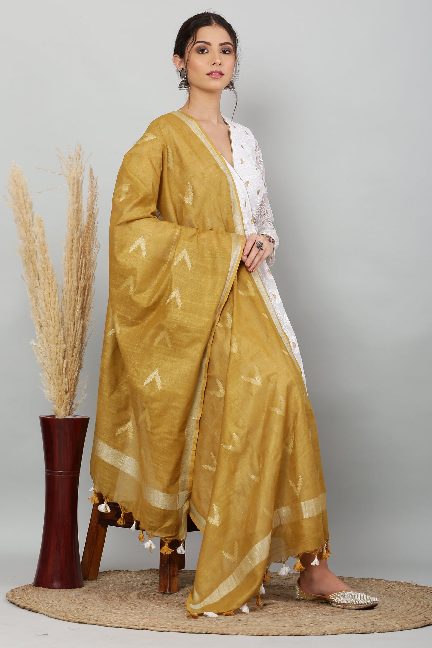Dupatta-Cotton Ikkat Buta-Light Brown /Mustard Yellow