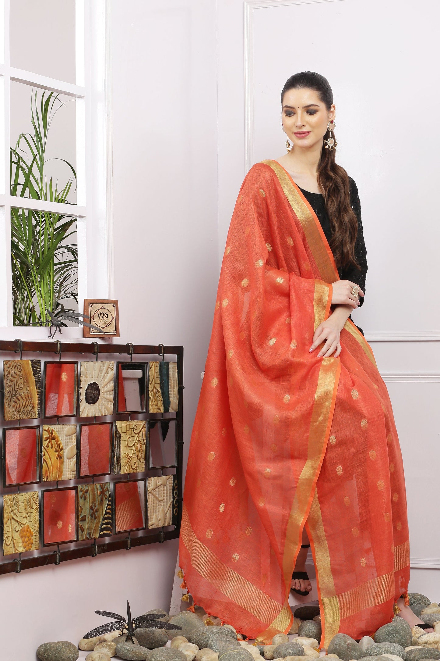 Dupatta - Cotton Gold Linen - Peachish Orange
