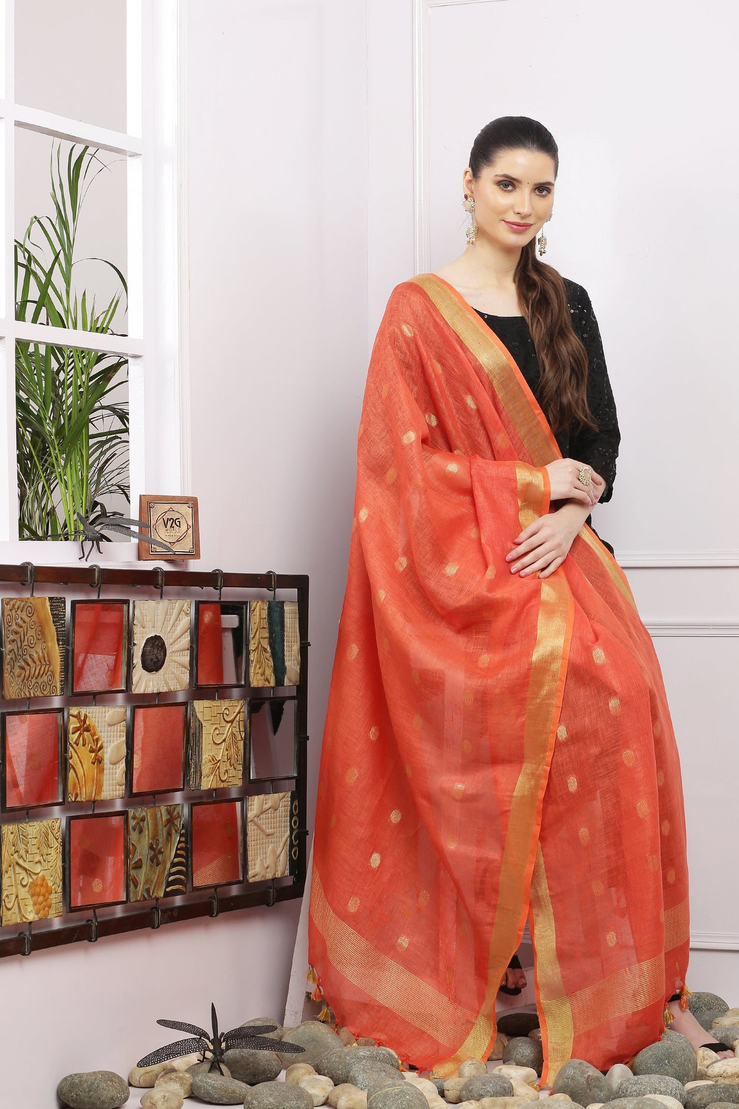 Dupatta - Cotton Gold Linen - Peachish Orange