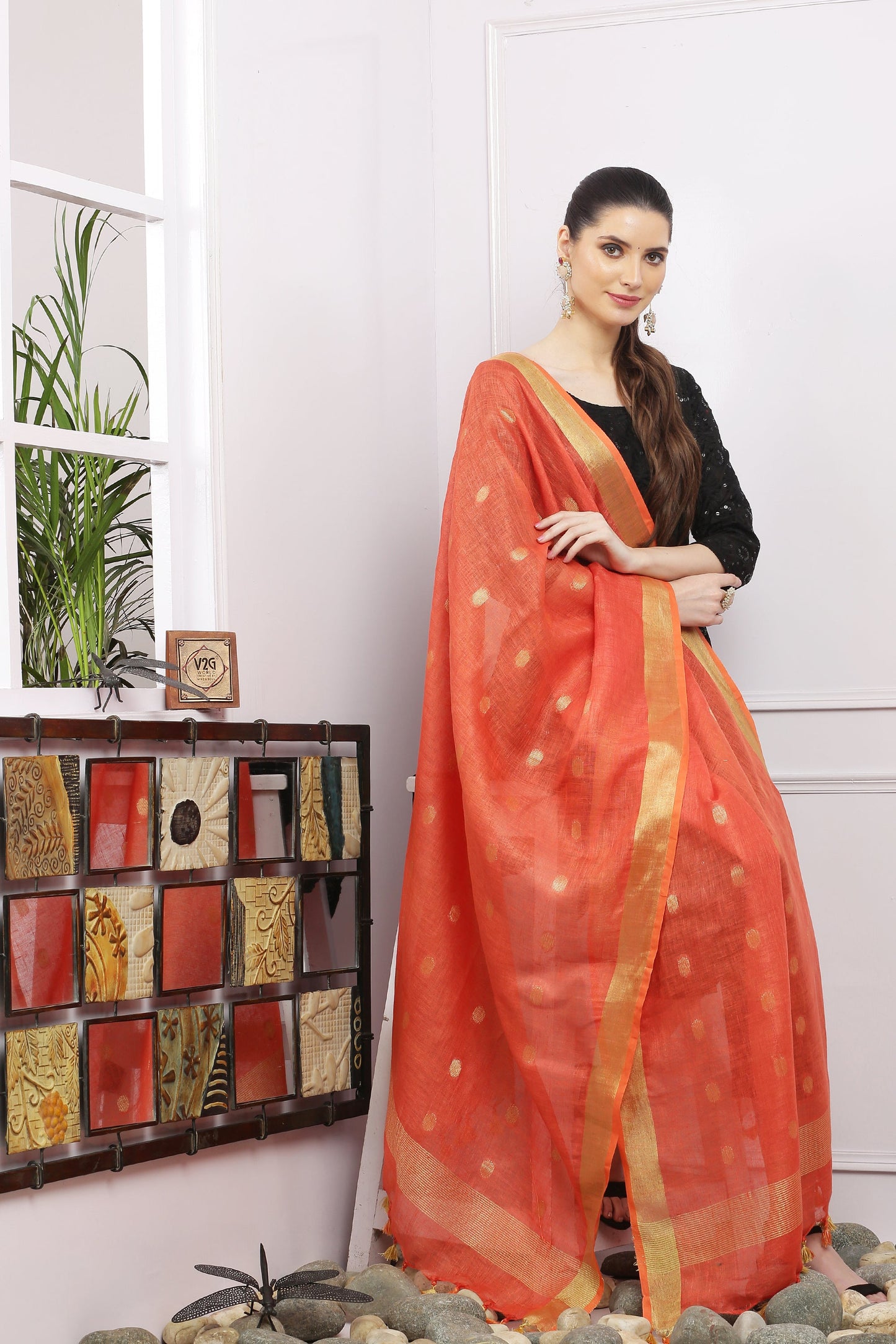 Dupatta - Cotton Gold Linen - Peachish Orange