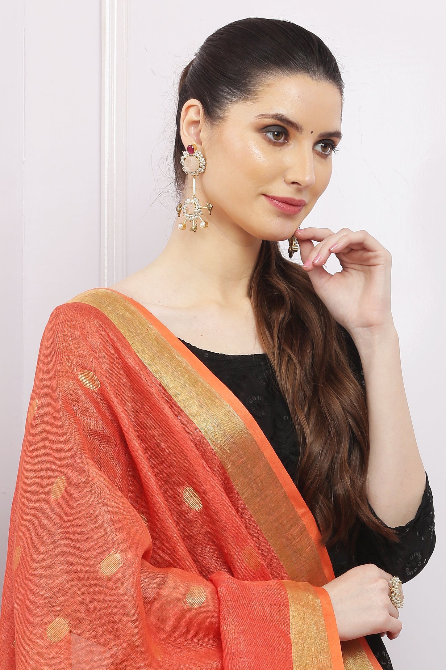 Dupatta - Cotton Gold Linen - Peachish Orange