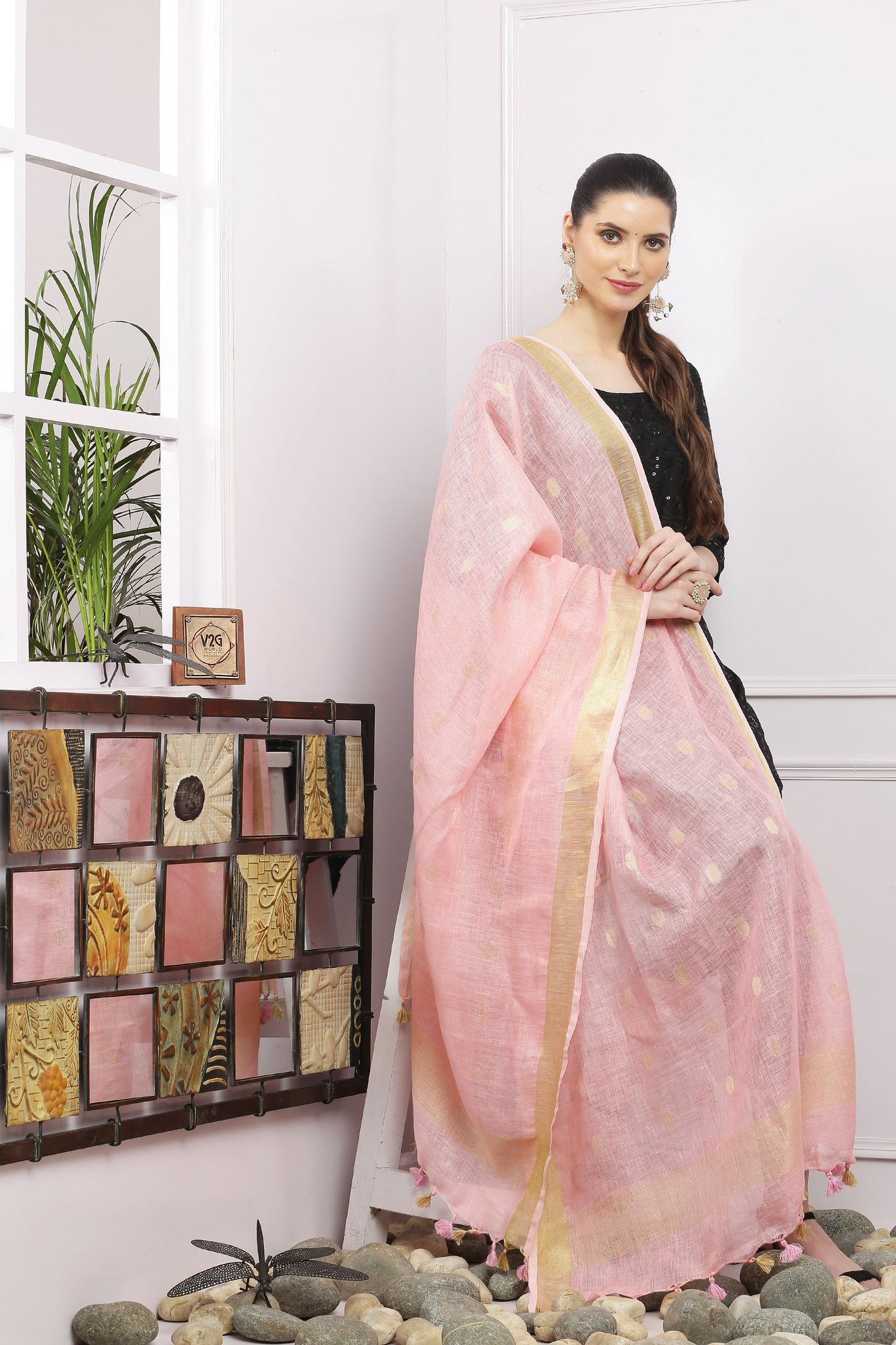 Dupatta - Cotton Gold Linen - Baby Pink