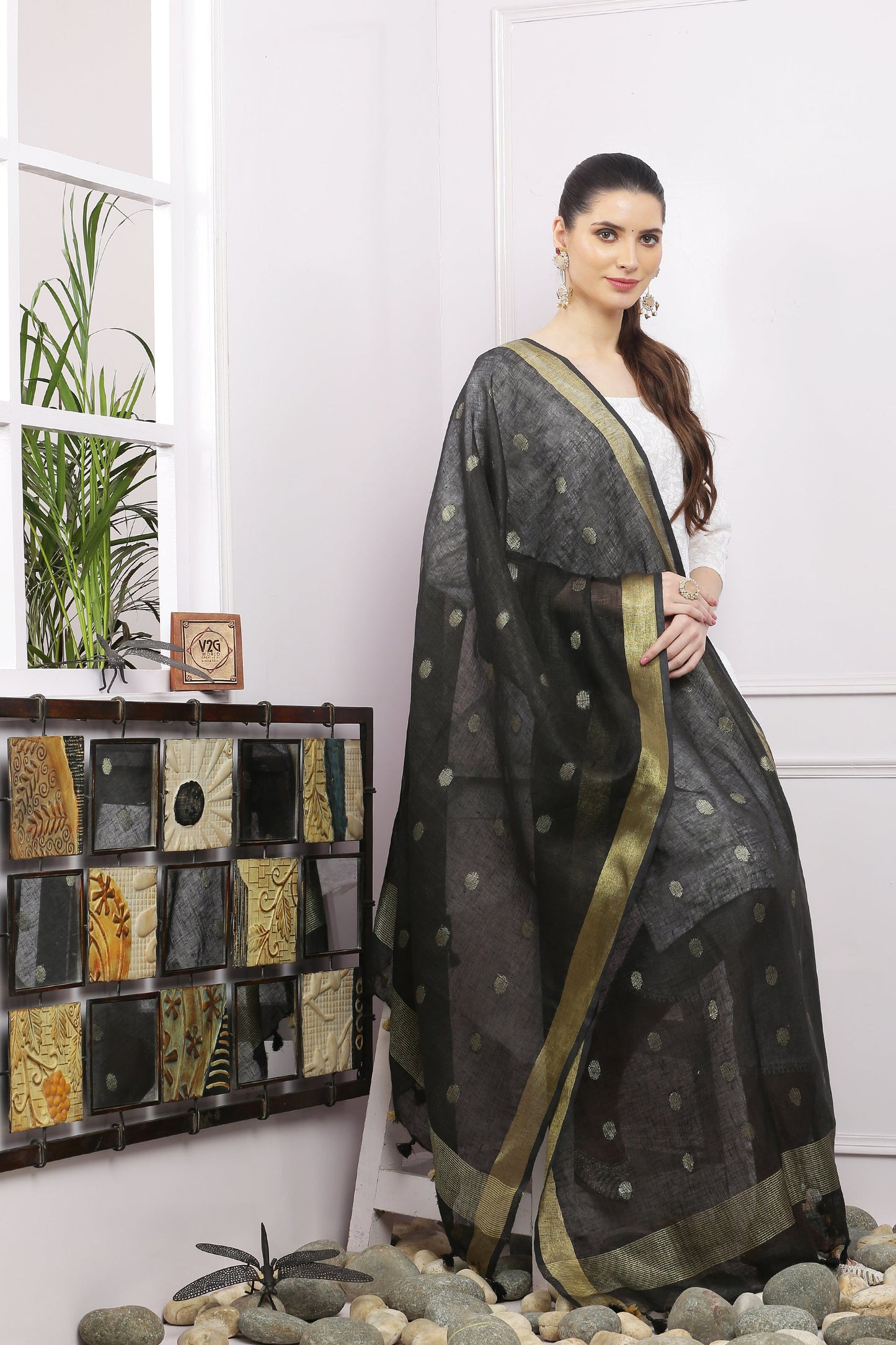 Dupatta - Cotton Gold Linen - Black