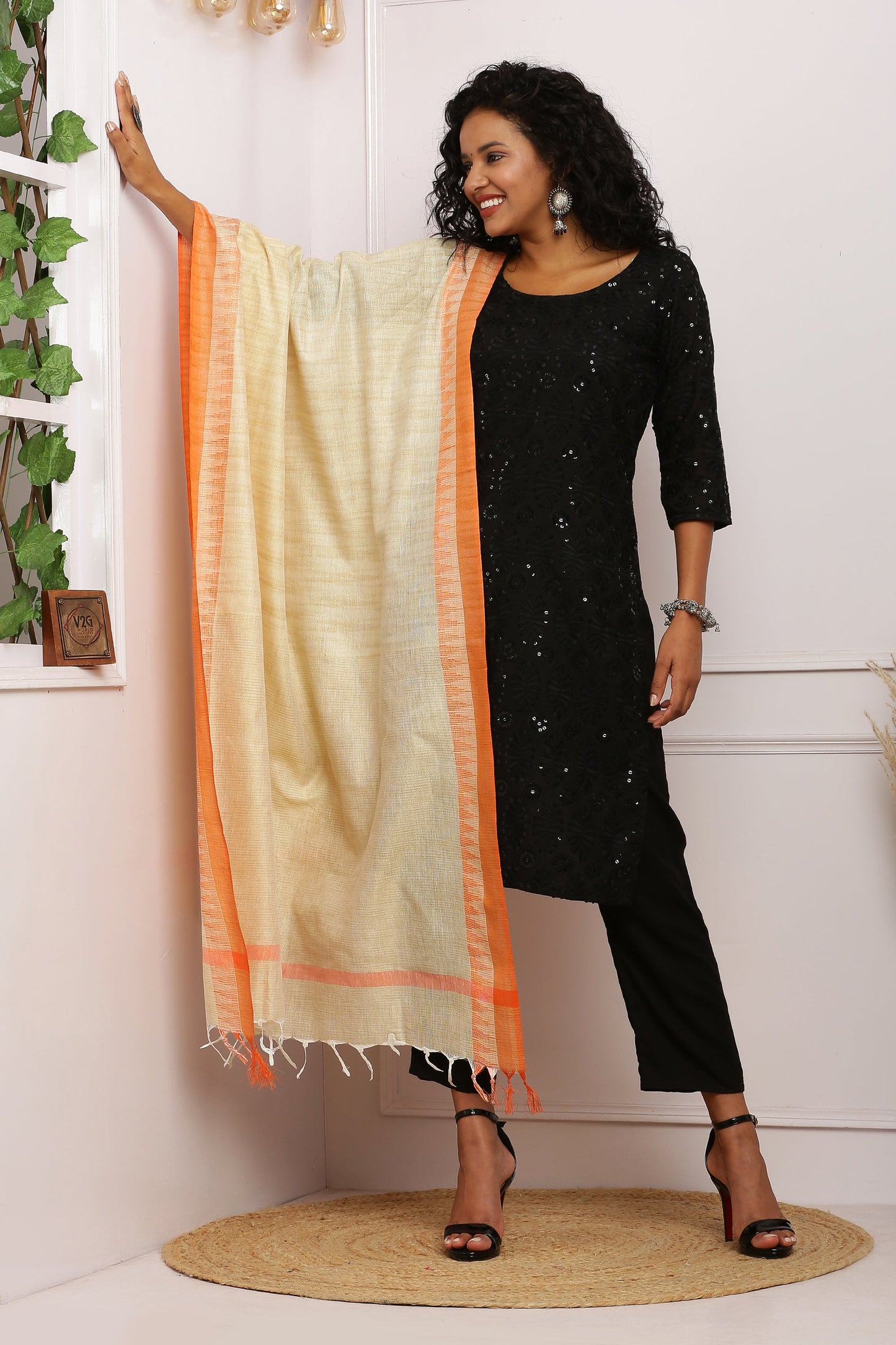 Dupatta - Cotton Dupion Silk Temple - Cream/Beige and Orange