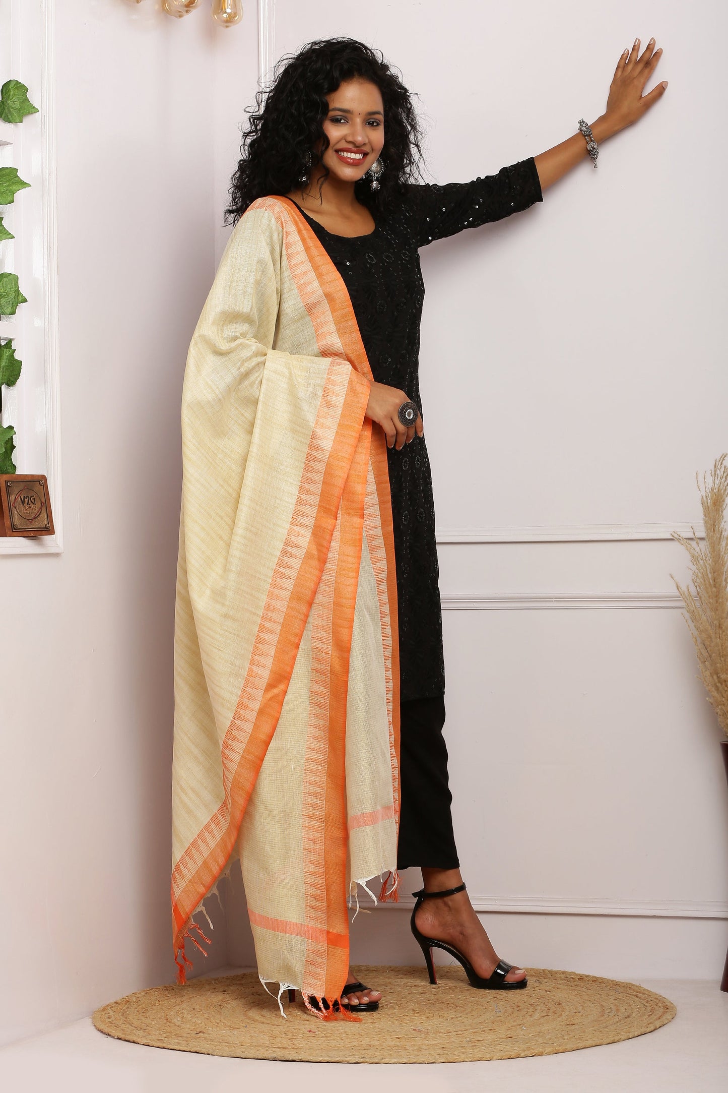 Dupatta - Cotton Dupion Silk Temple - Cream/Beige and Orange