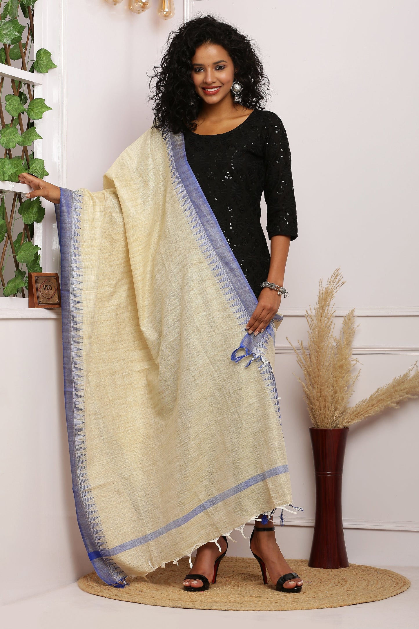Dupatta - Cotton Dupion Silk Temple - Cream/Beige and Blue