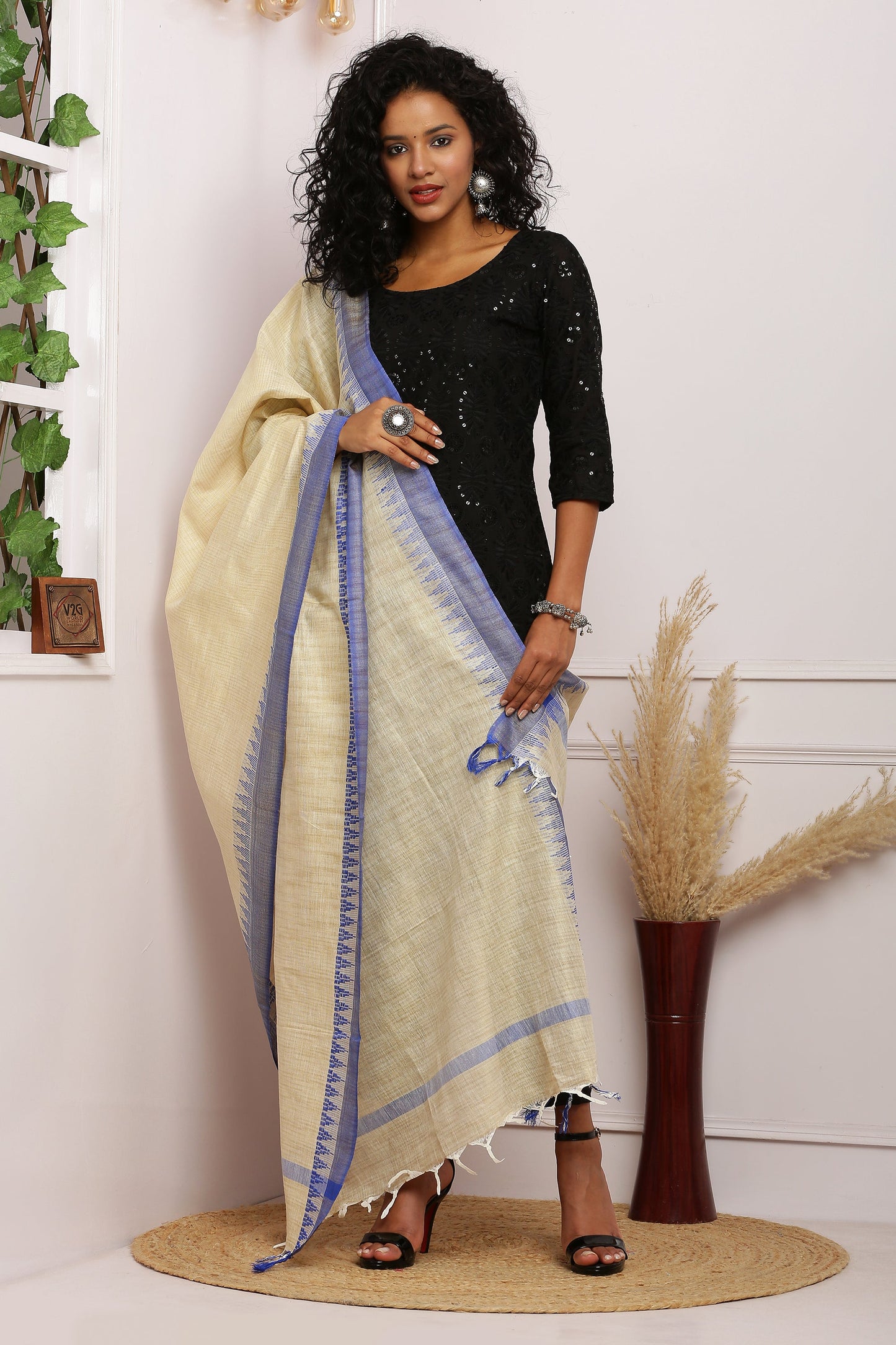 Dupatta - Cotton Dupion Silk Temple - Cream/Beige and Blue