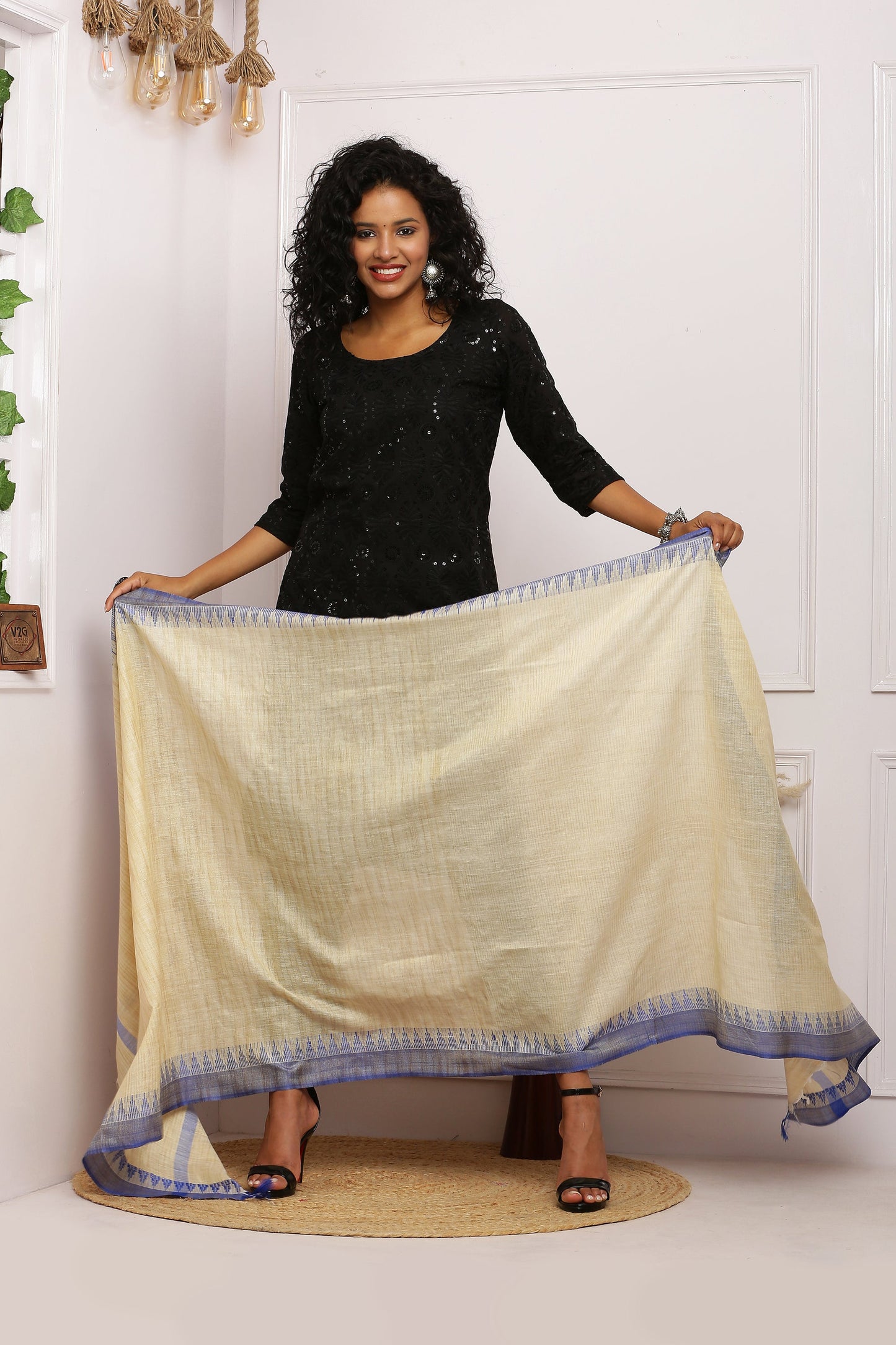 Dupatta - Cotton Dupion Silk Temple - Cream/Beige and Blue