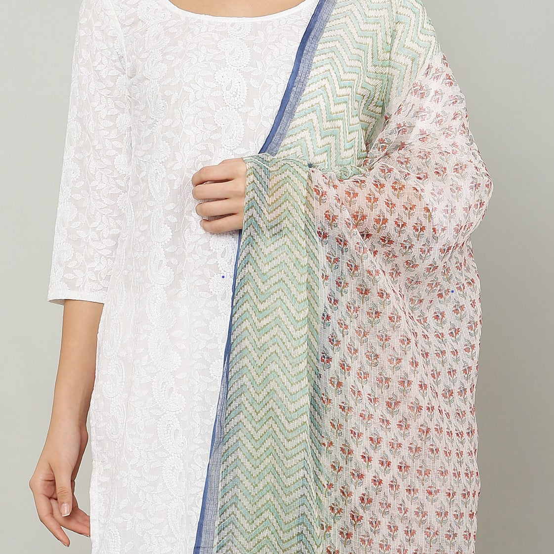 अks-Handblock Print Kota Doria Dupatta - Green Lehriya with Buta