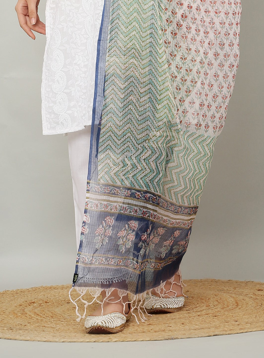 अks-Handblock Print Kota Doria Dupatta - Green Lehriya with Buta