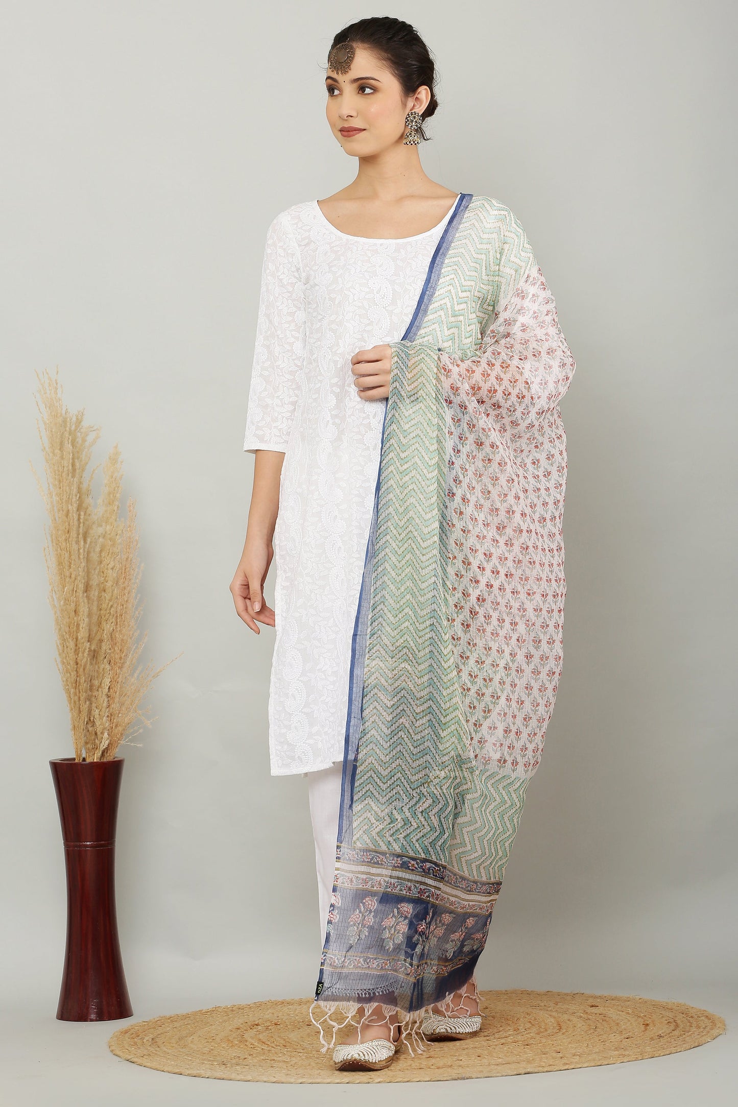 अks-Handblock Print Kota Doria Dupatta - Green Lehriya with Buta
