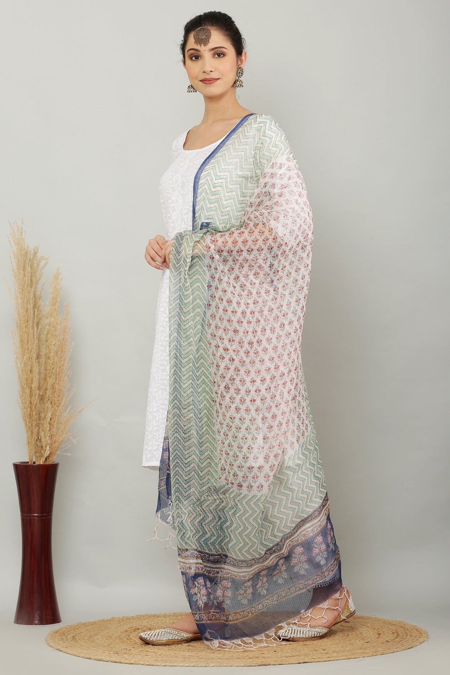 अks-Handblock Print Kota Doria Dupatta - Green Lehriya with Buta