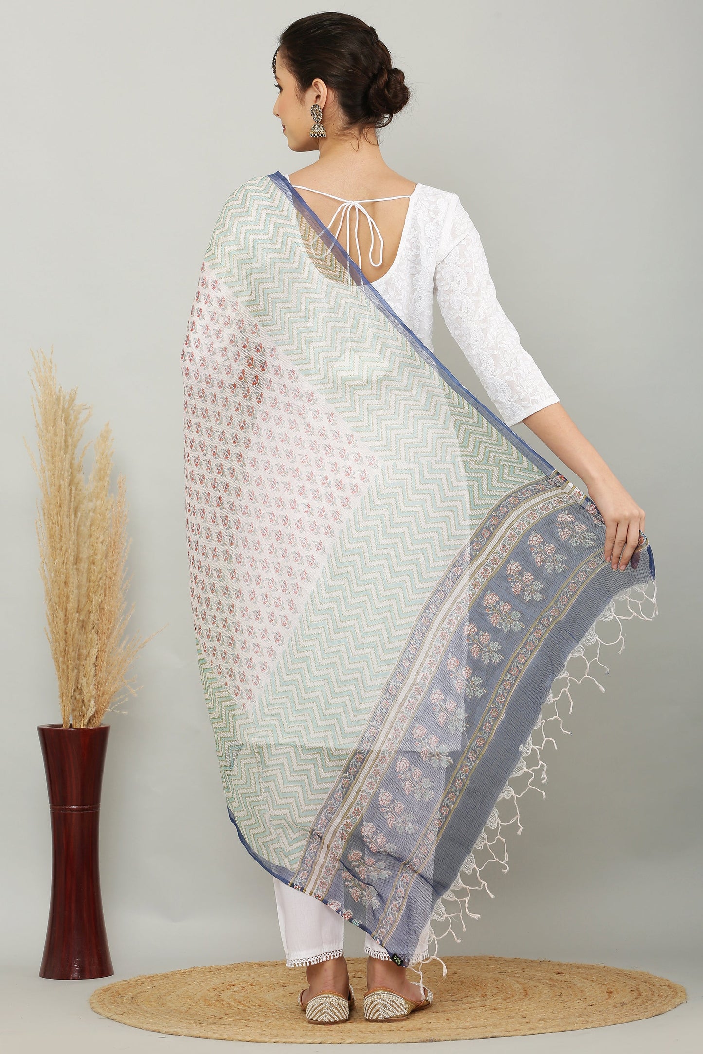 अks-Handblock Print Kota Doria Dupatta - Green Lehriya with Buta