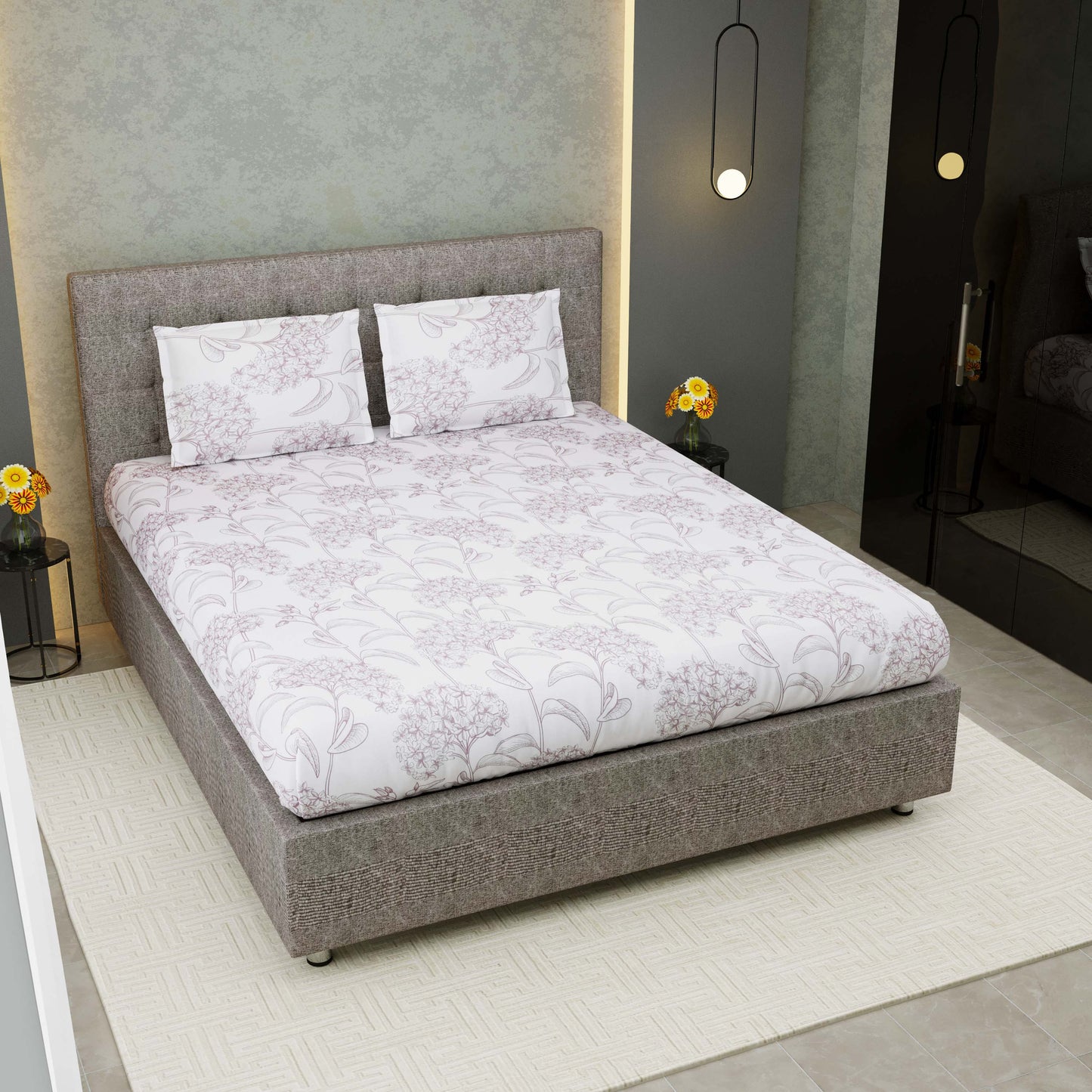 Pure Cotton Printed Bedsheet- Double Bed -Bloom- White