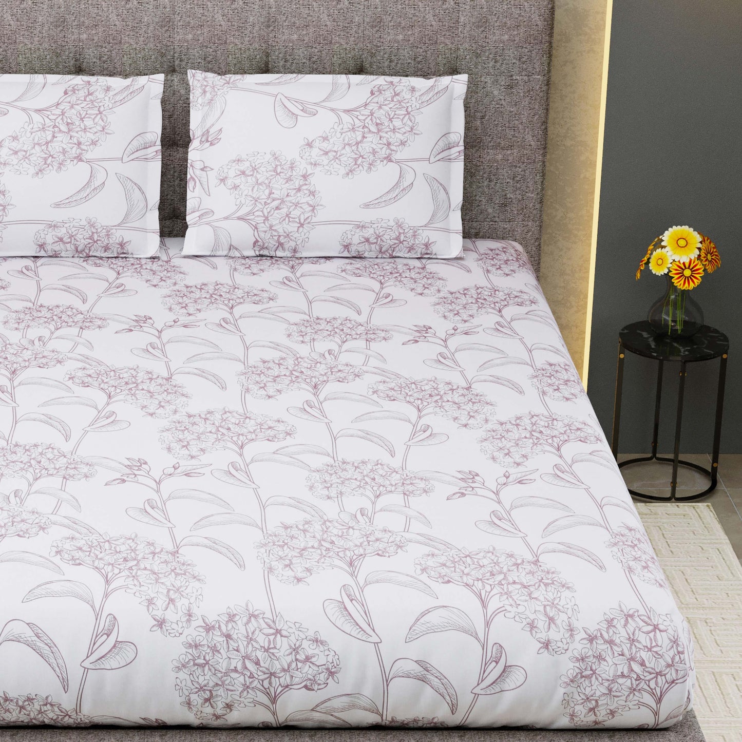 Pure Cotton Printed Bedsheet- Double Bed -Bloom- White