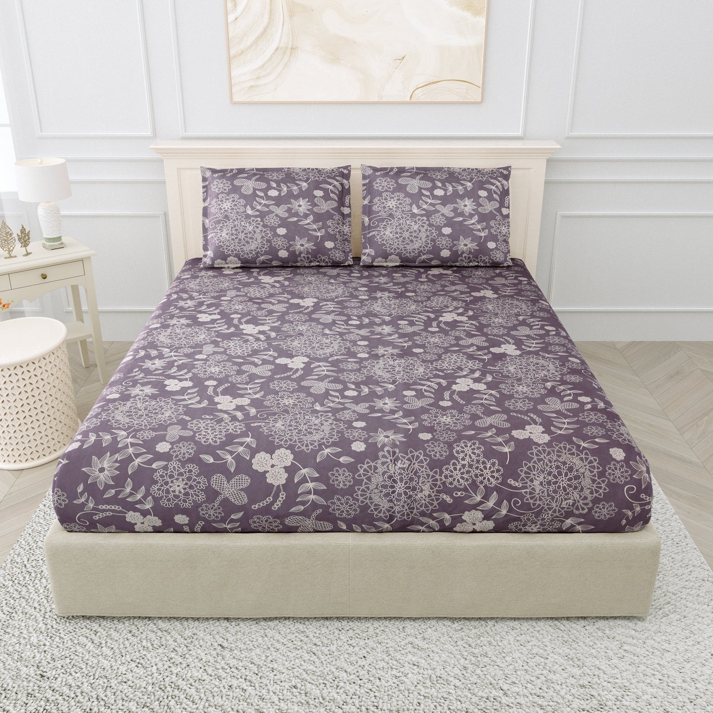 Printed Bedsheet- Double Bed -Gray floral