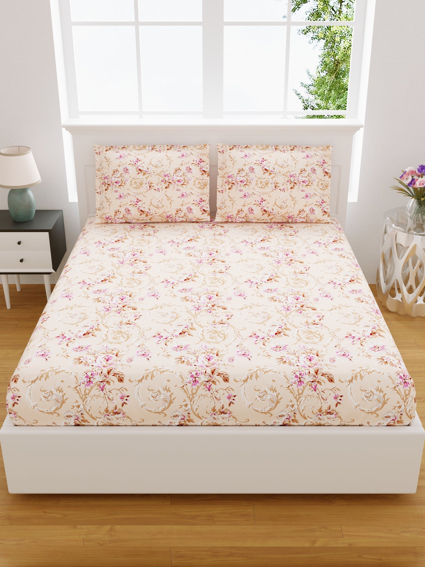 Pure Cotton Printed Bedsheet- Double Bed -Daisy Beige Rose