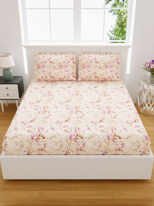 Pure Cotton Printed Bedsheet- Double Bed -Daisy Beige Rose