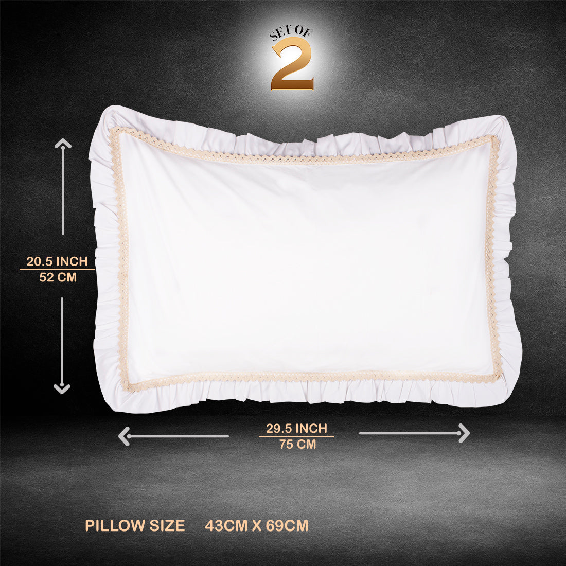 Pillow Covers-Plain Color-White with Cream Lace- Pair