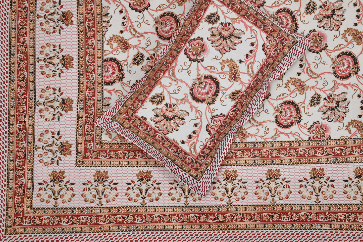 Pure Cotton Printed Bedsheet- Double Bed -Golden Pink Bouquet
