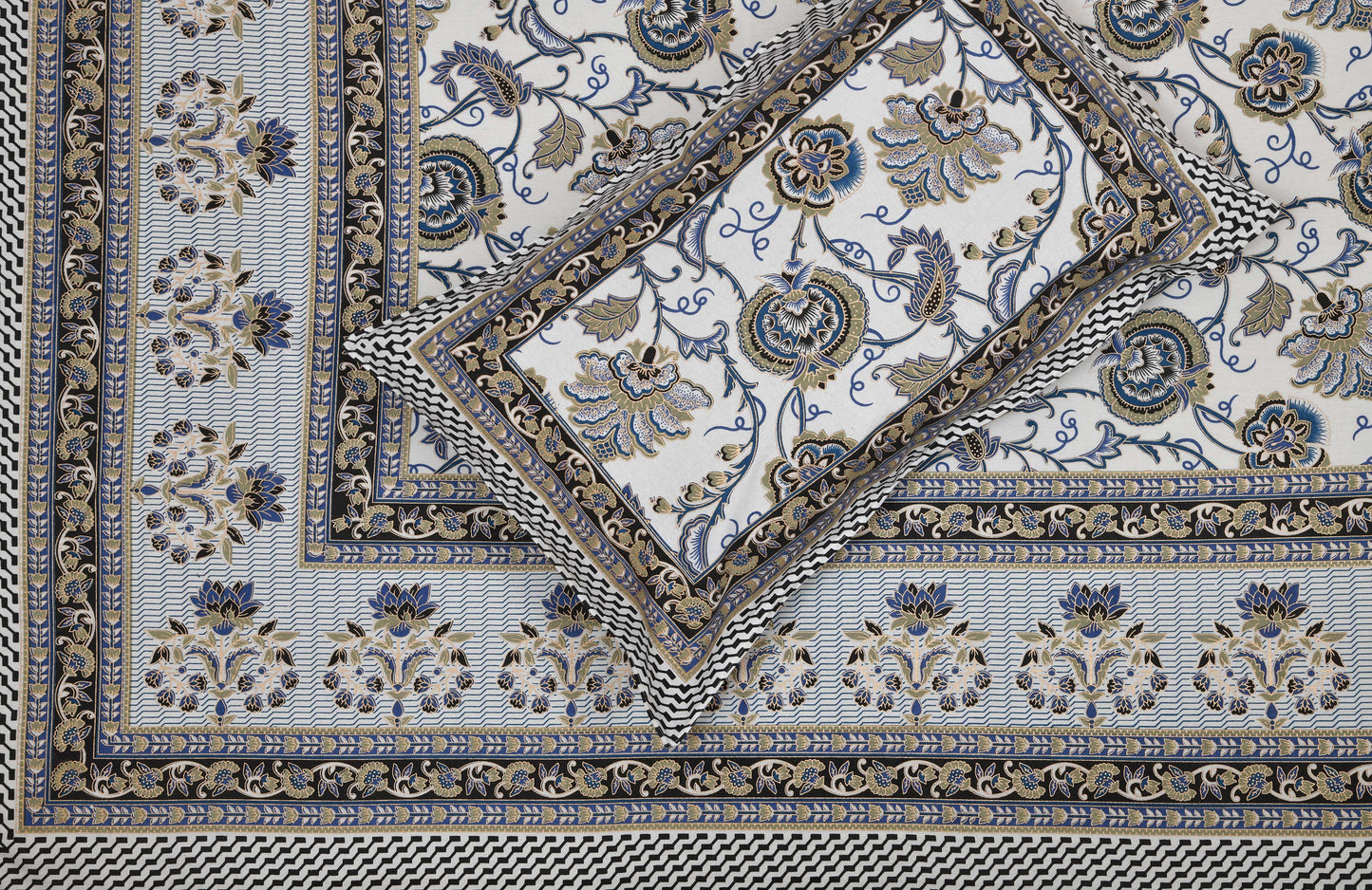 Pure Cotton Printed Bedsheet- Double Bed -Golden Blue Bouquet