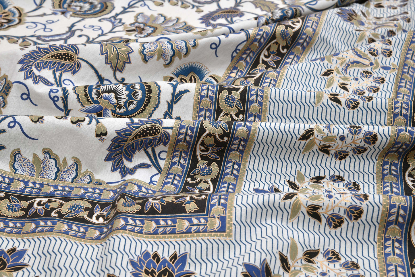 Pure Cotton Printed Bedsheet- Double Bed -Golden Blue Bouquet