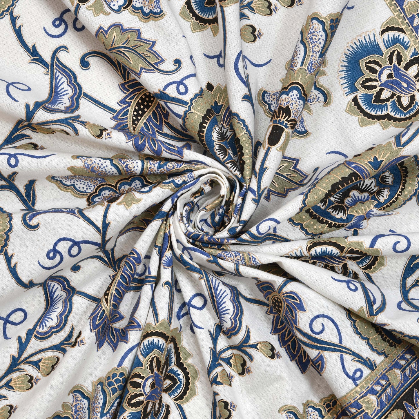 Pure Cotton Printed Bedsheet- Double Bed -Golden Blue Bouquet