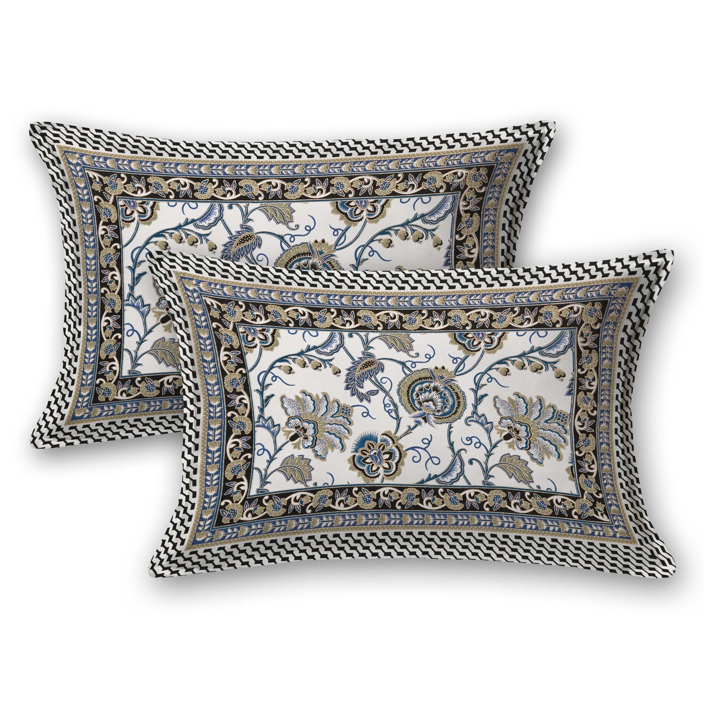 Pure Cotton Printed Bedsheet- Double Bed -Golden Blue Bouquet