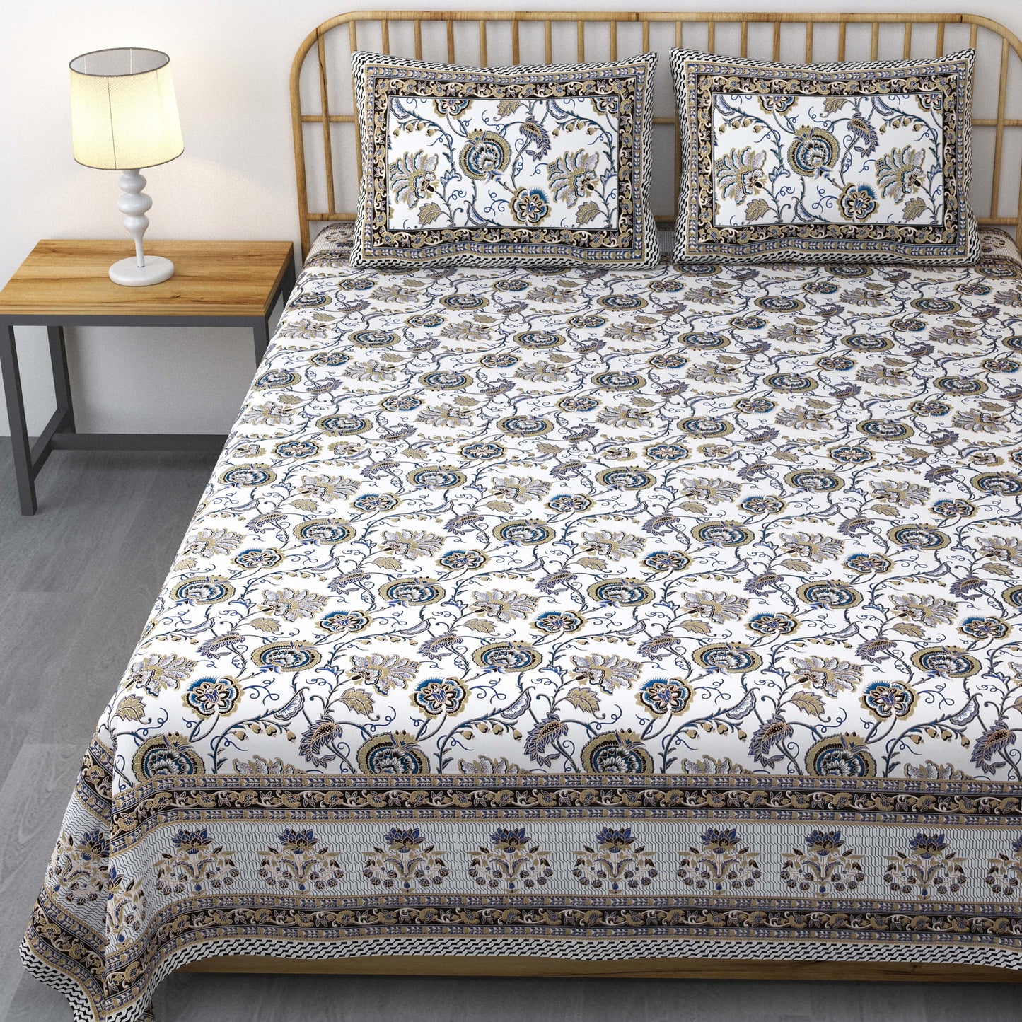 Pure Cotton Printed Bedsheet- Double Bed -Golden Blue Bouquet