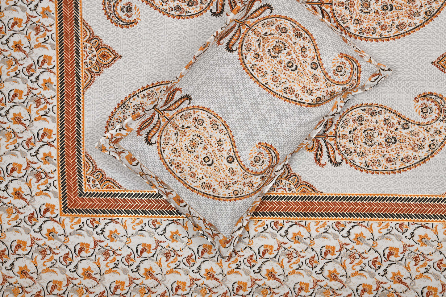 Pure Cotton Printed Bedsheet- Double Bed -Golden Orange Paisely