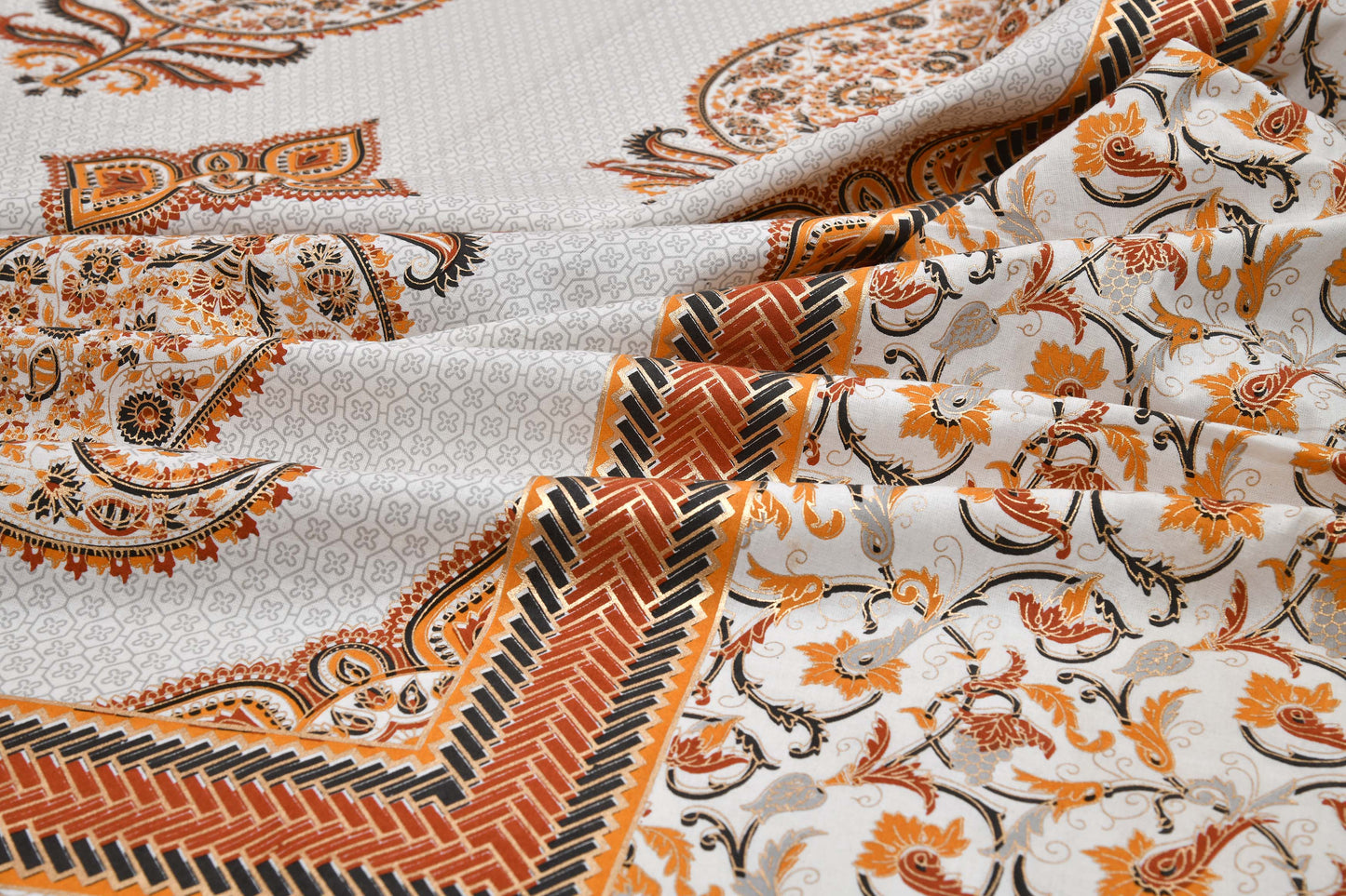 Pure Cotton Printed Bedsheet- Double Bed -Golden Orange Paisely