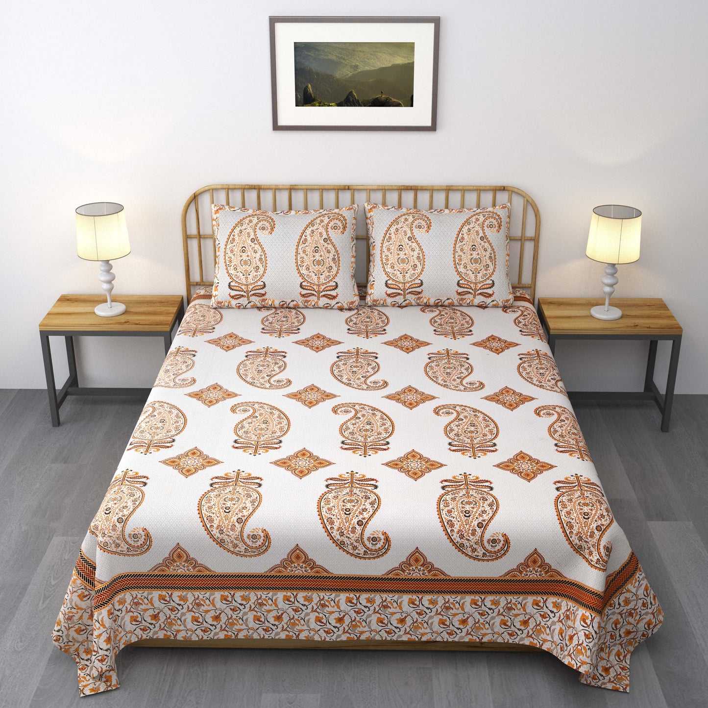 Pure Cotton Printed Bedsheet- Double Bed -Golden Orange Paisely