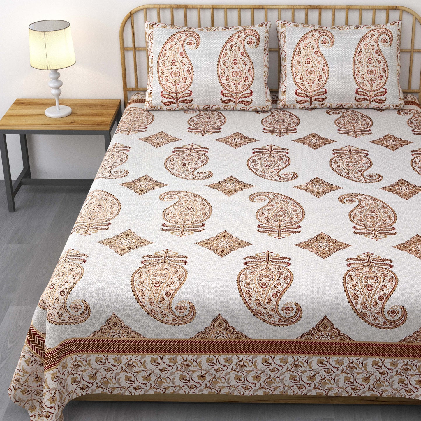 Pure Cotton Printed Bedsheet- Double Bed -Golden Beige Paisely